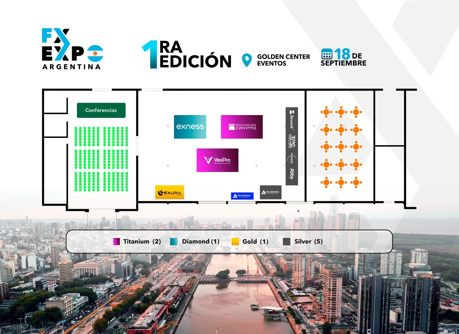 План FX Expo Argentina в Golden Center Eventos: конференц-зал, стенды и зона нетворкинга