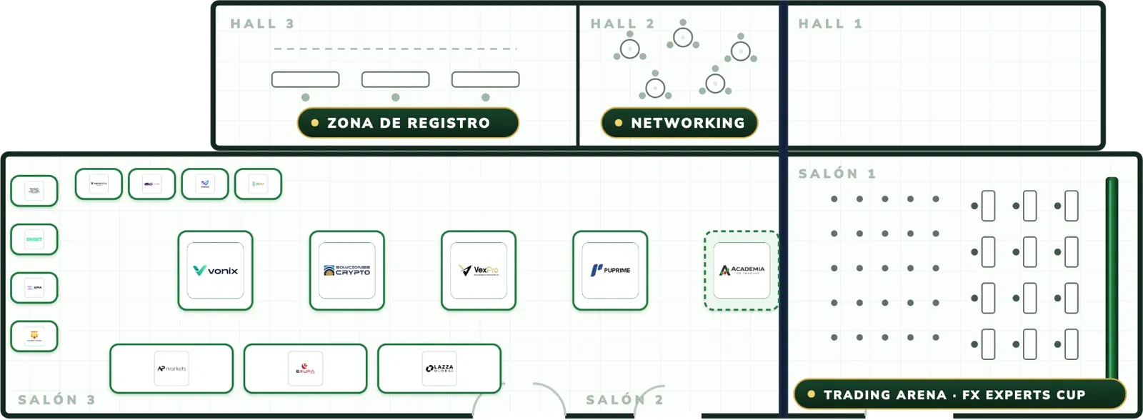 Plan du Centro de Eventos El Tesoro : zone d'enregistrement, networking, stands et Trading Arena FX Experts Cup